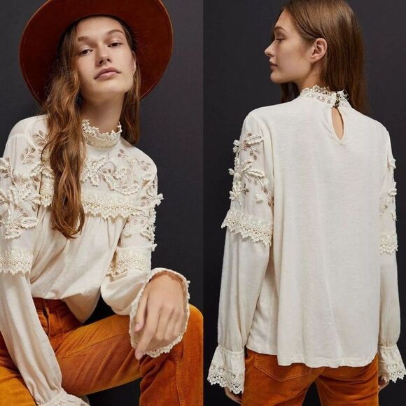 Anthropologie Tops - Anthropologie Jemma Cream Crochet Lace Romantic Blouse Size M NEW